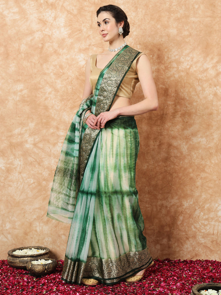 NAZAKAT- GREEN ORGANZA TIE N DYE SAREE WITH ZARI SAREE Cotton Saree stylefables   