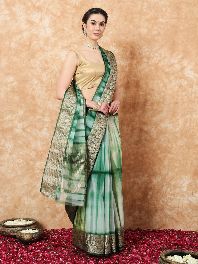 NAZAKAT- GREEN ORGANZA TIE N DYE SAREE WITH ZARI SAREE Cotton Saree stylefables   