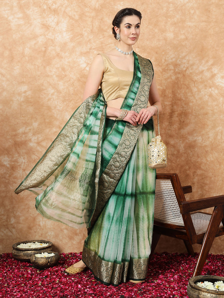 NAZAKAT- GREEN ORGANZA TIE N DYE SAREE WITH ZARI SAREE Cotton Saree stylefables   