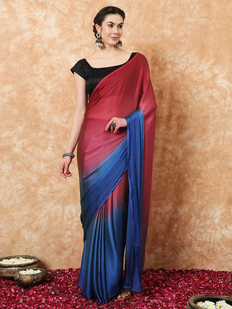 HUE DUNES- MAROON AND BLUE CHIFFON READY TO WEAR SAREES Satin stylefables   