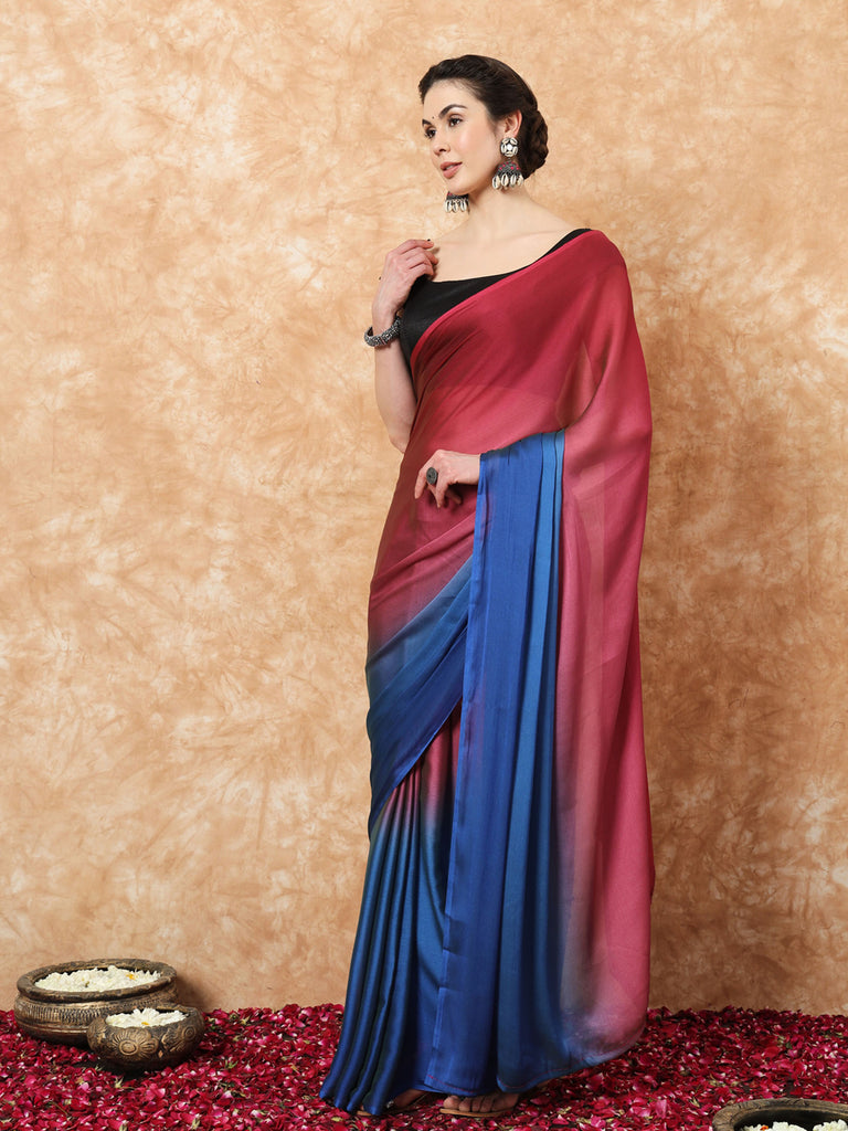 HUE DUNES- MAROON AND BLUE CHIFFON READY TO WEAR SAREES Satin stylefables   