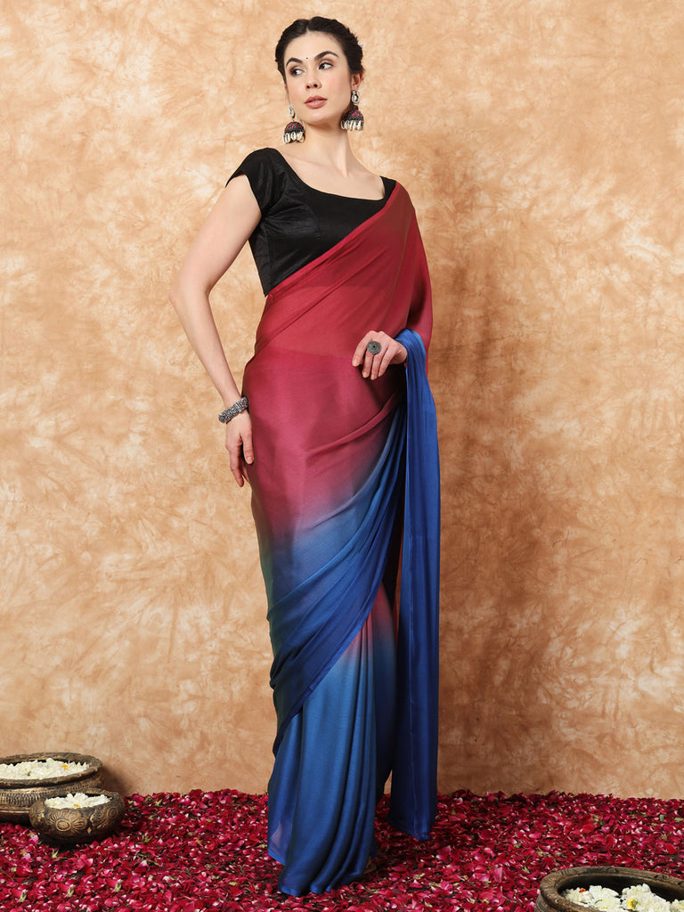 HUE DUNES- MAROON AND BLUE CHIFFON READY TO WEAR SAREES Satin stylefables   