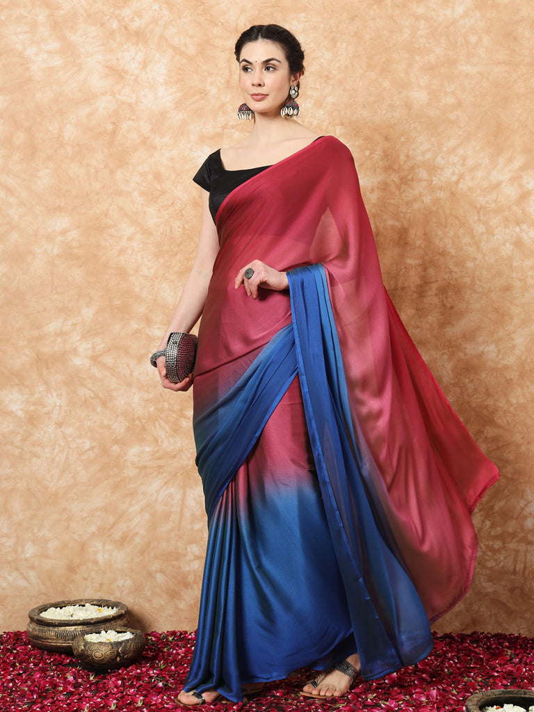 HUE DUNES- MAROON AND BLUE CHIFFON READY TO WEAR SAREES Satin stylefables   