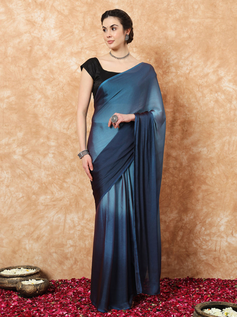 HUE DUNES- BLUE TWO TONE CHIFFON READY TO WEAR SAREE Satin stylefables   