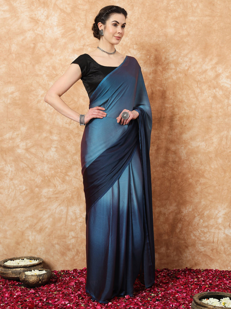 HUE DUNES- BLUE TWO TONE CHIFFON READY TO WEAR SAREE Satin stylefables   