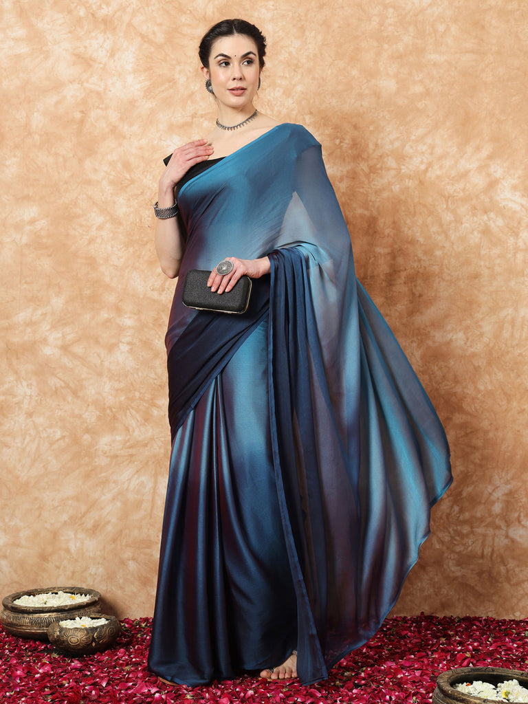 HUE DUNES- BLUE TWO TONE CHIFFON READY TO WEAR SAREE Satin stylefables   