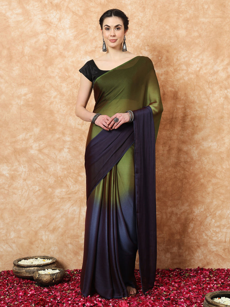 HUE DUNES- BLUE AND GREEN CHIFFON READY TO WEAR SAREE Satin stylefables   