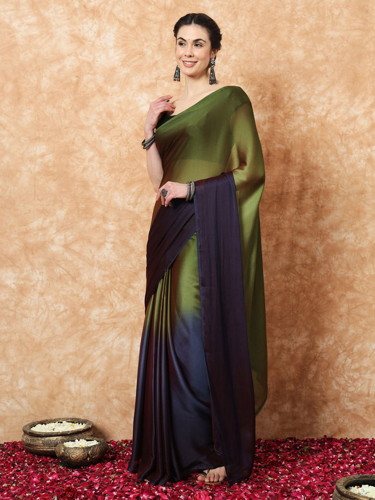 HUE DUNES- BLUE AND GREEN CHIFFON READY TO WEAR SAREE Satin stylefables   