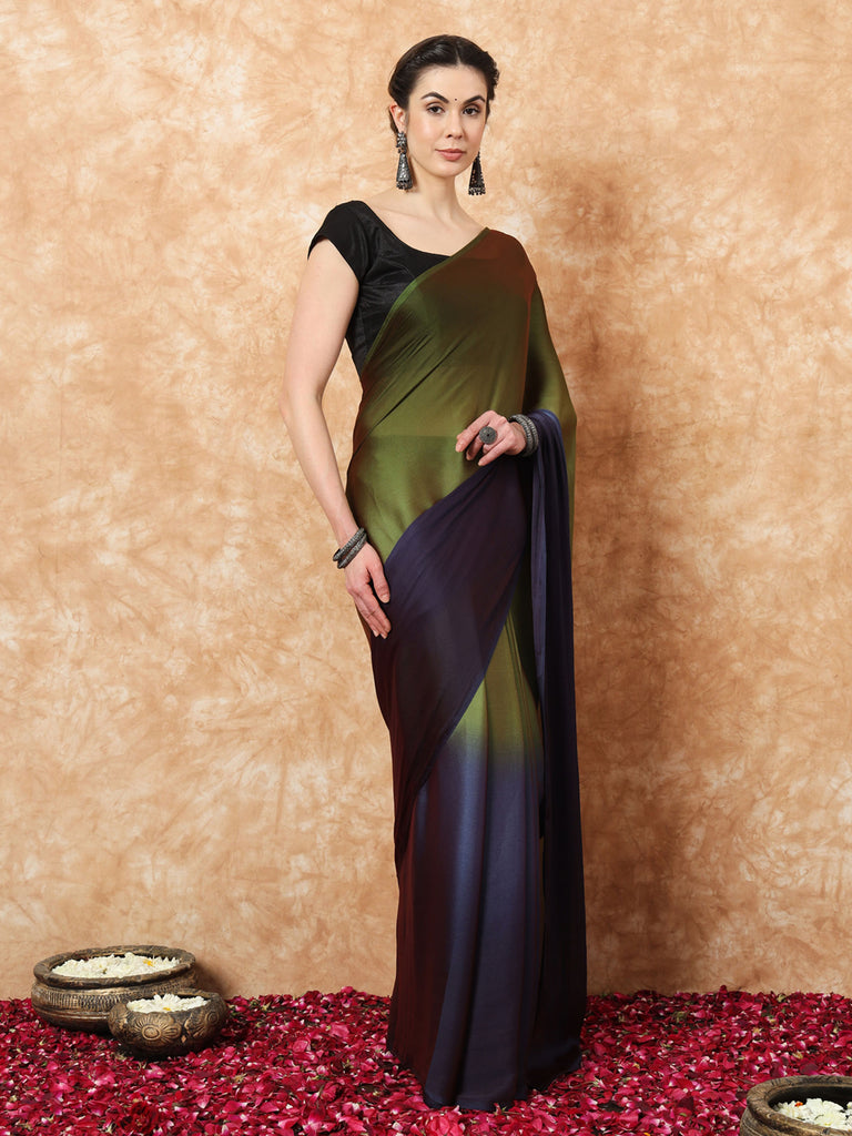 HUE DUNES- BLUE AND GREEN CHIFFON READY TO WEAR SAREE Satin stylefables   