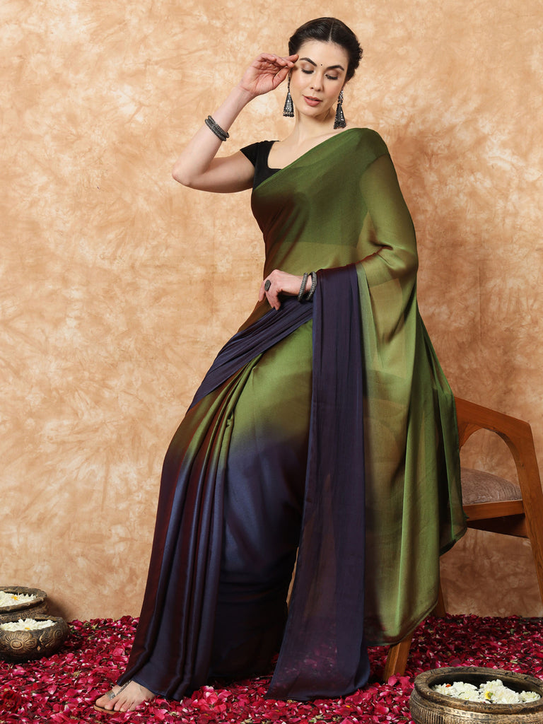 HUE DUNES- BLUE AND GREEN CHIFFON READY TO WEAR SAREE Satin stylefables   