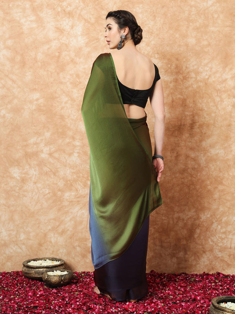 HUE DUNES- BLUE AND GREEN CHIFFON READY TO WEAR SAREE Satin stylefables   