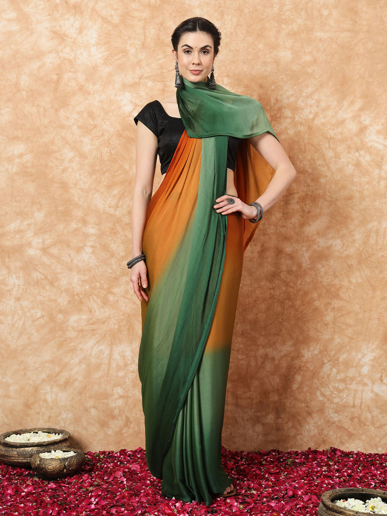 HUE DUNES- ORANGE AND GREEN CHIFFON READY TO WEAR SAREE Satin stylefables   