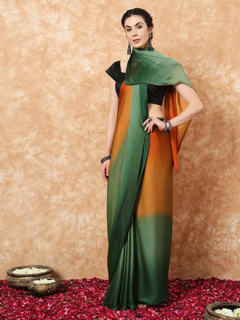 HUE DUNES- ORANGE AND GREEN CHIFFON READY TO WEAR SAREE Satin stylefables   