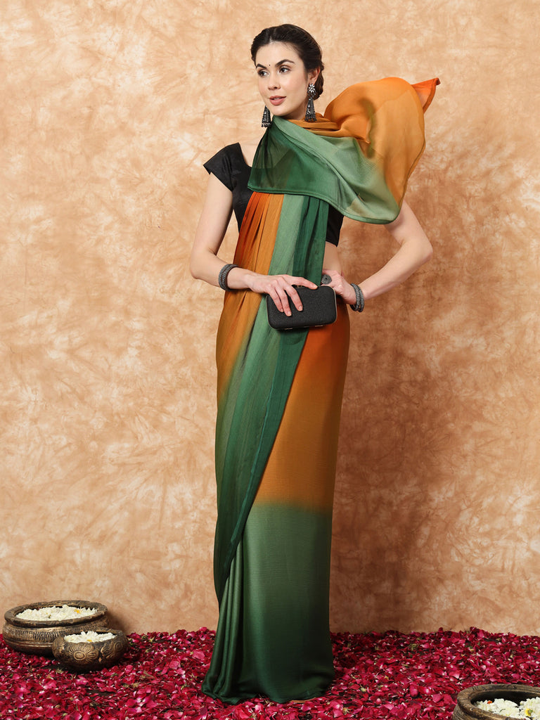 HUE DUNES- ORANGE AND GREEN CHIFFON READY TO WEAR SAREE Satin stylefables   