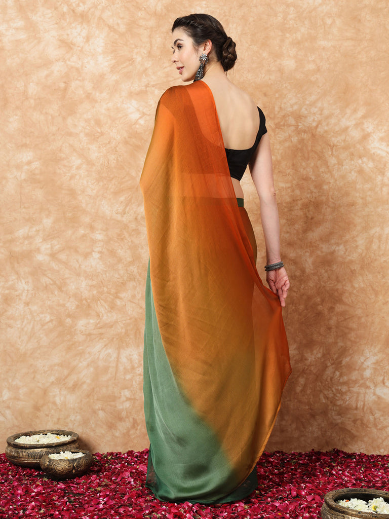 HUE DUNES- ORANGE AND GREEN CHIFFON READY TO WEAR SAREE Satin stylefables   