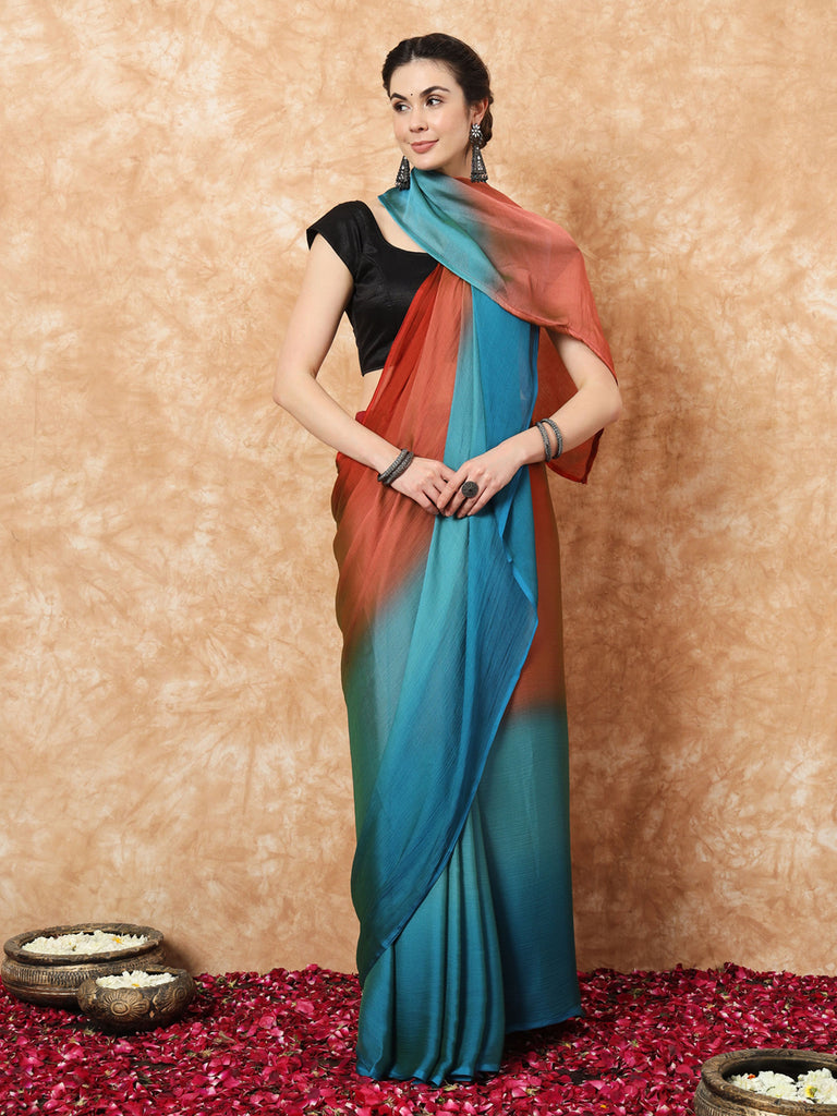 HUE DUNES- ORANGE AND BLUE CHIFFON READY TO WEAR SAREE Satin stylefables   