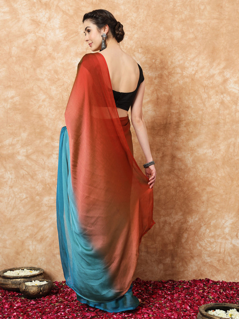 HUE DUNES- ORANGE AND BLUE CHIFFON READY TO WEAR SAREE Satin stylefables   