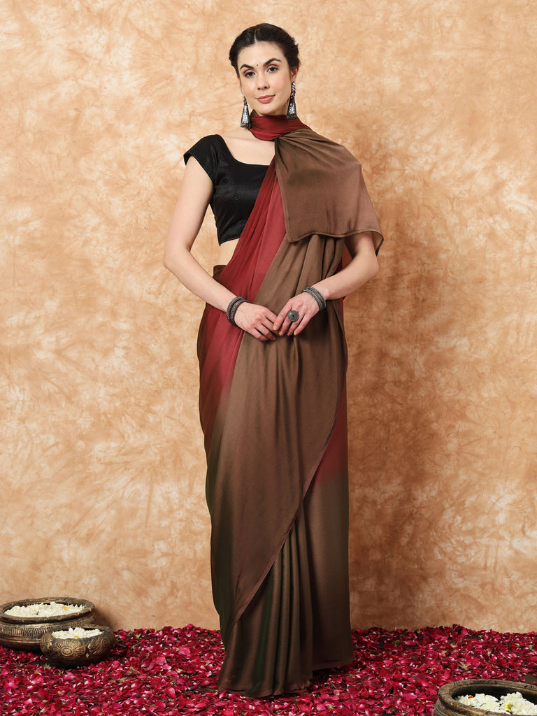 HUE DUNES- BROWN AND MAROON CHIFFON READY TO WEAR SAREE Satin stylefables   