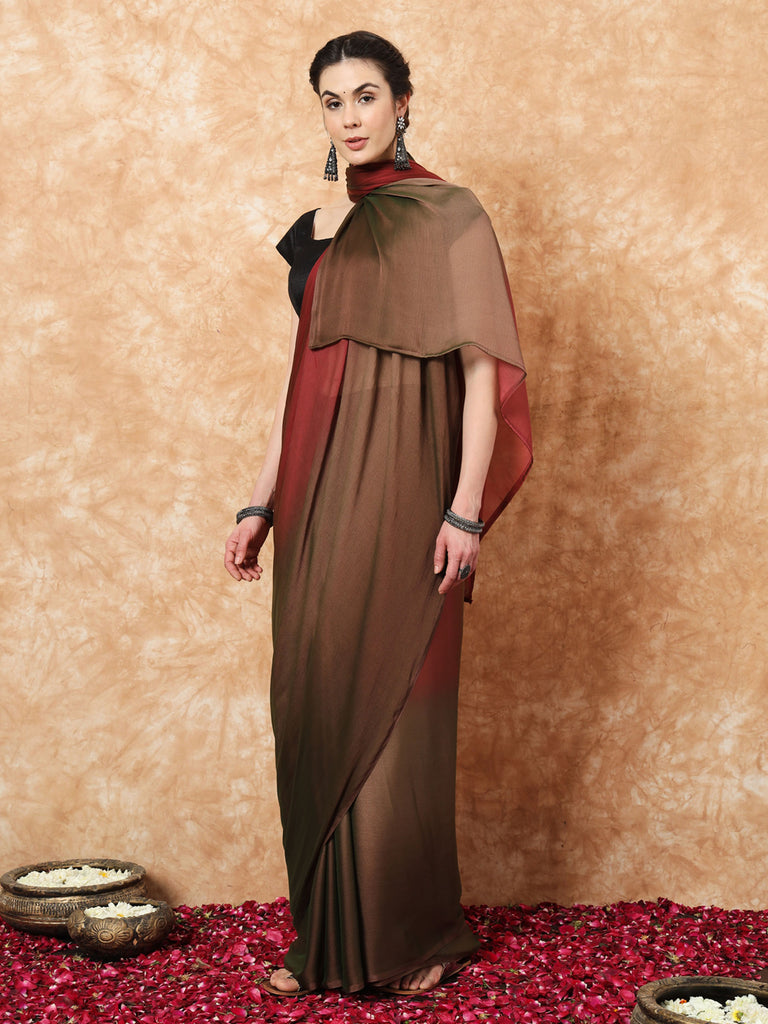 HUE DUNES- BROWN AND MAROON CHIFFON READY TO WEAR SAREE Satin stylefables   