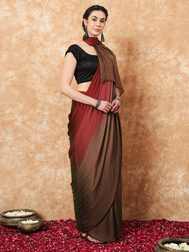 HUE DUNES- BROWN AND MAROON CHIFFON READY TO WEAR SAREE Satin stylefables   