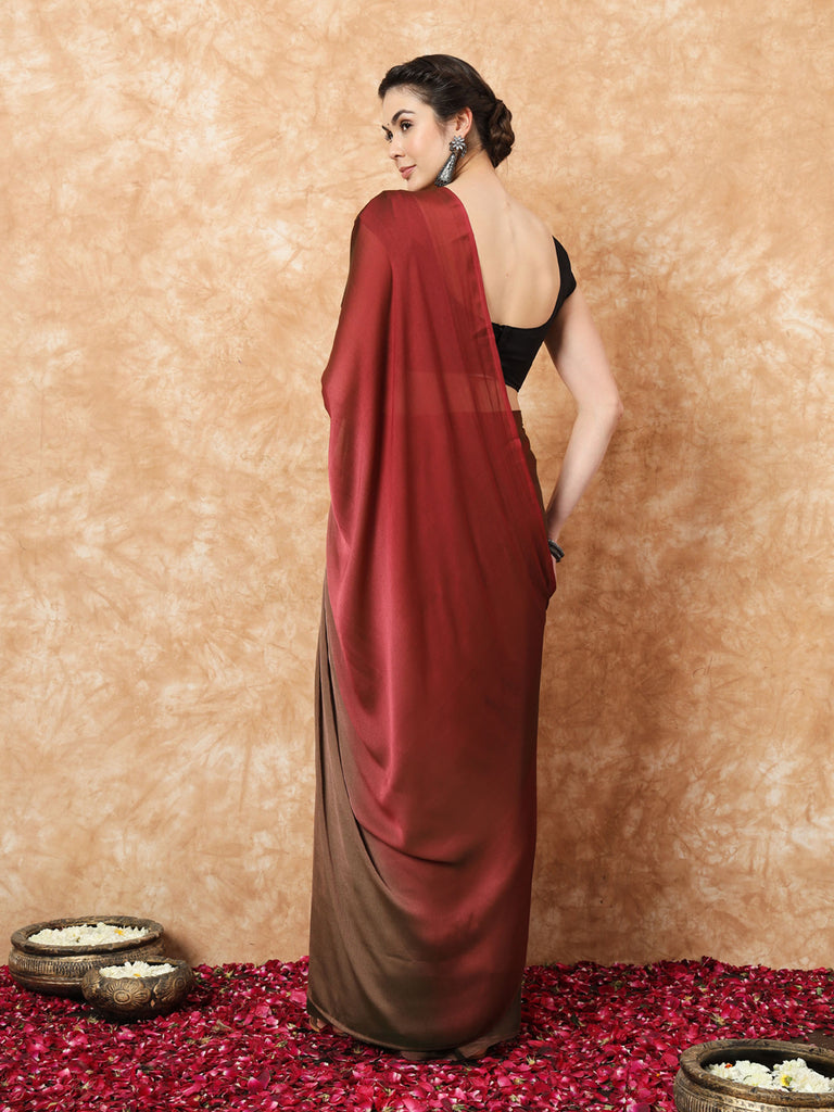 HUE DUNES- BROWN AND MAROON CHIFFON READY TO WEAR SAREE Satin stylefables   