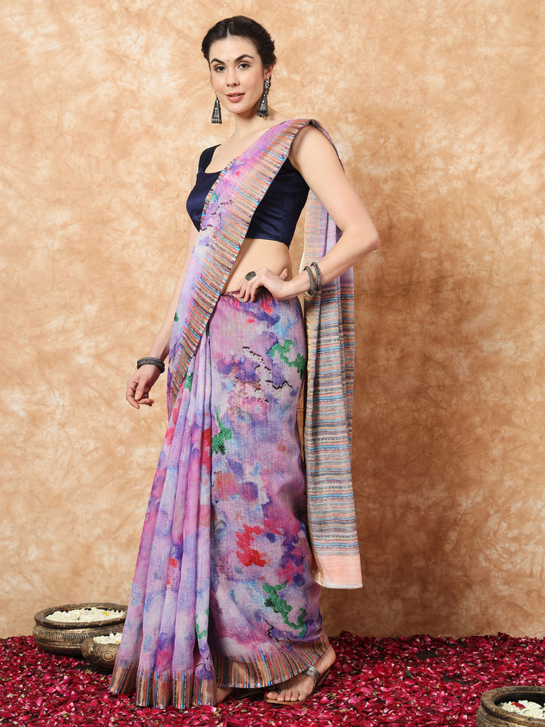 FLORAL GRACE-LINEN SAREE Cotton Saree stylefables   