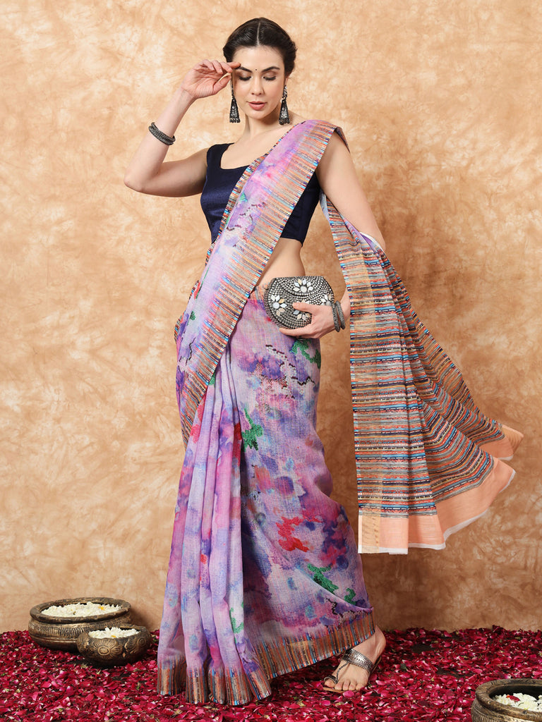 FLORAL GRACE-LINEN SAREE Cotton Saree stylefables   