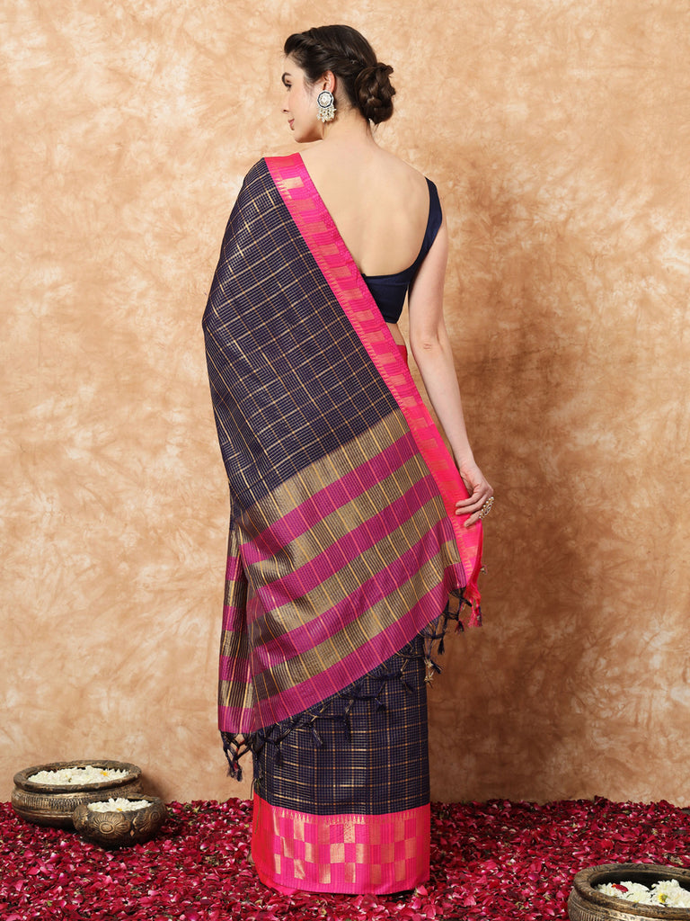 KESSA- NAVY BLUE SILK WITHCONTRAST ZARI BORDER SAREE Cotton Saree stylefables   