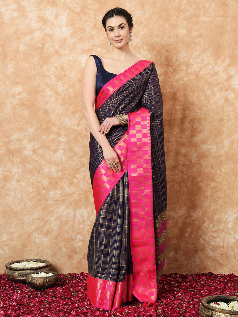 KESSA- NAVY BLUE SILK WITHCONTRAST ZARI BORDER SAREE Cotton Saree stylefables   