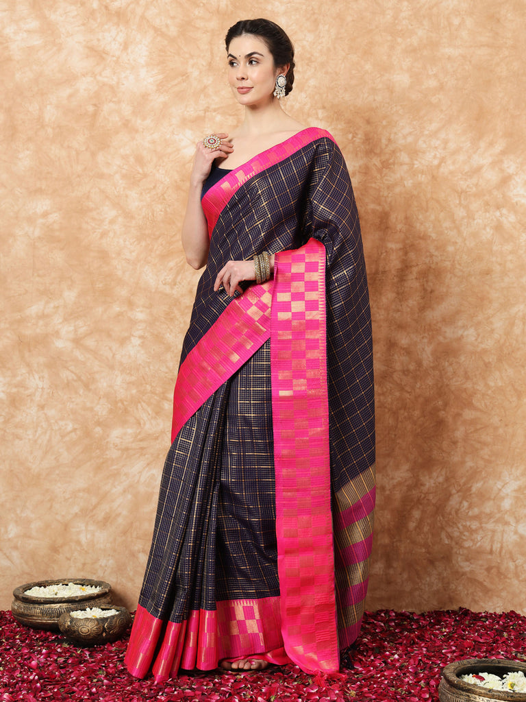 KESSA- NAVY BLUE SILK WITHCONTRAST ZARI BORDER SAREE Cotton Saree stylefables   