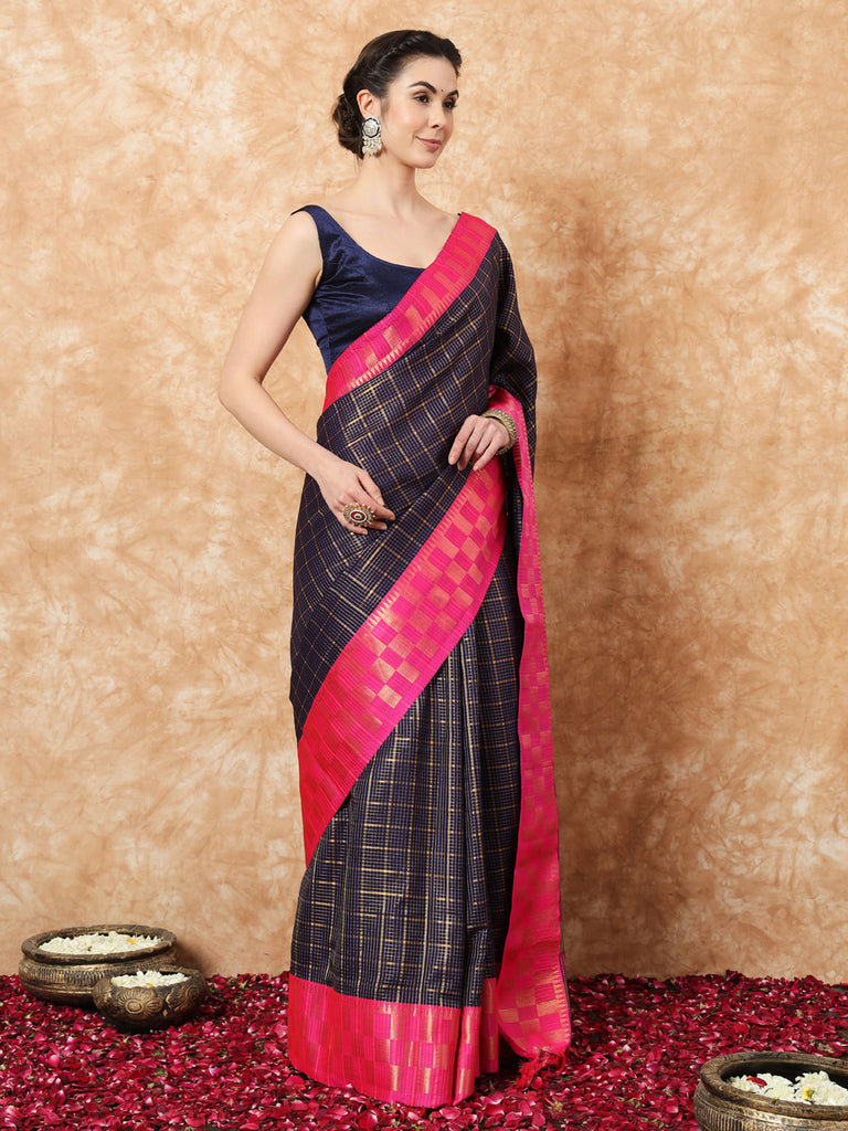 KESSA- NAVY BLUE SILK WITHCONTRAST ZARI BORDER SAREE Cotton Saree stylefables   