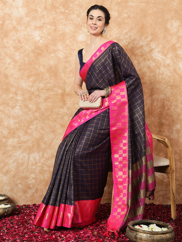 KESSA- NAVY BLUE SILK WITHCONTRAST ZARI BORDER SAREE Cotton Saree stylefables   