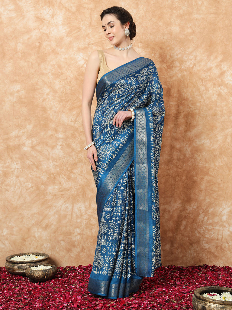 KALA - ROYAL BLUE SILK WITHBZARI BORDER SAREE Cotton Saree stylefables   