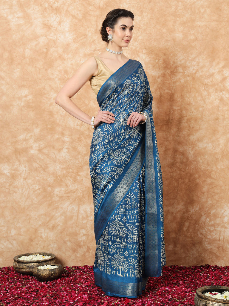 KALA - ROYAL BLUE SILK WITHBZARI BORDER SAREE Cotton Saree stylefables   