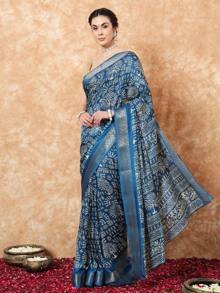 KALA - ROYAL BLUE SILK WITHBZARI BORDER SAREE Cotton Saree stylefables   