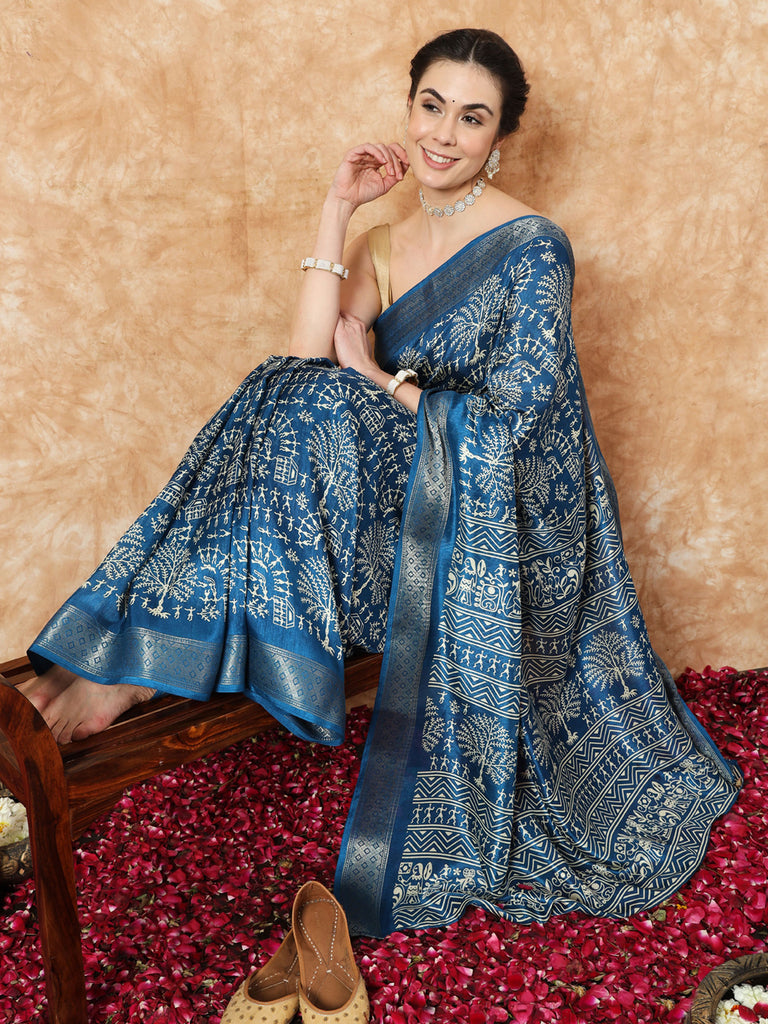 KALA - ROYAL BLUE SILK WITHBZARI BORDER SAREE Cotton Saree stylefables   