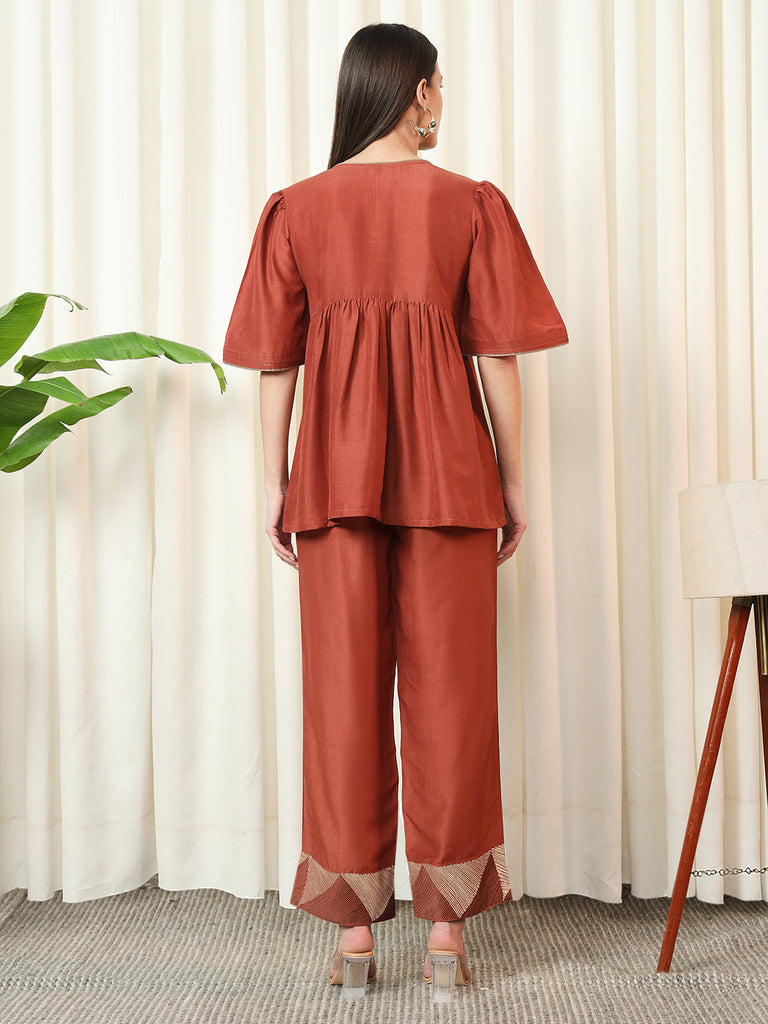 AURA- RUST COORD SET Solid Muslin Coords stylefables   