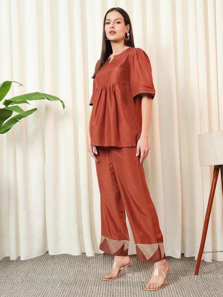 AURA- RUST COORD SET Solid Muslin Coords stylefables   