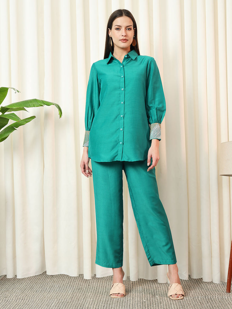 VOGUE- EMRALD GREEN COORD SET Solid Muslin Coords stylefables   