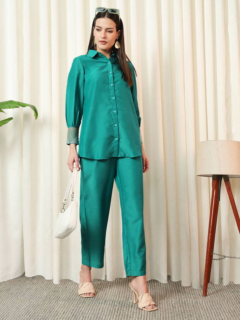 VOGUE- EMRALD GREEN COORD SET Solid Muslin Coords stylefables   