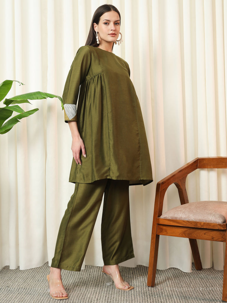 GLIMMER- OLIVE GREEN COORD SET Solid Muslin Coords stylefables   