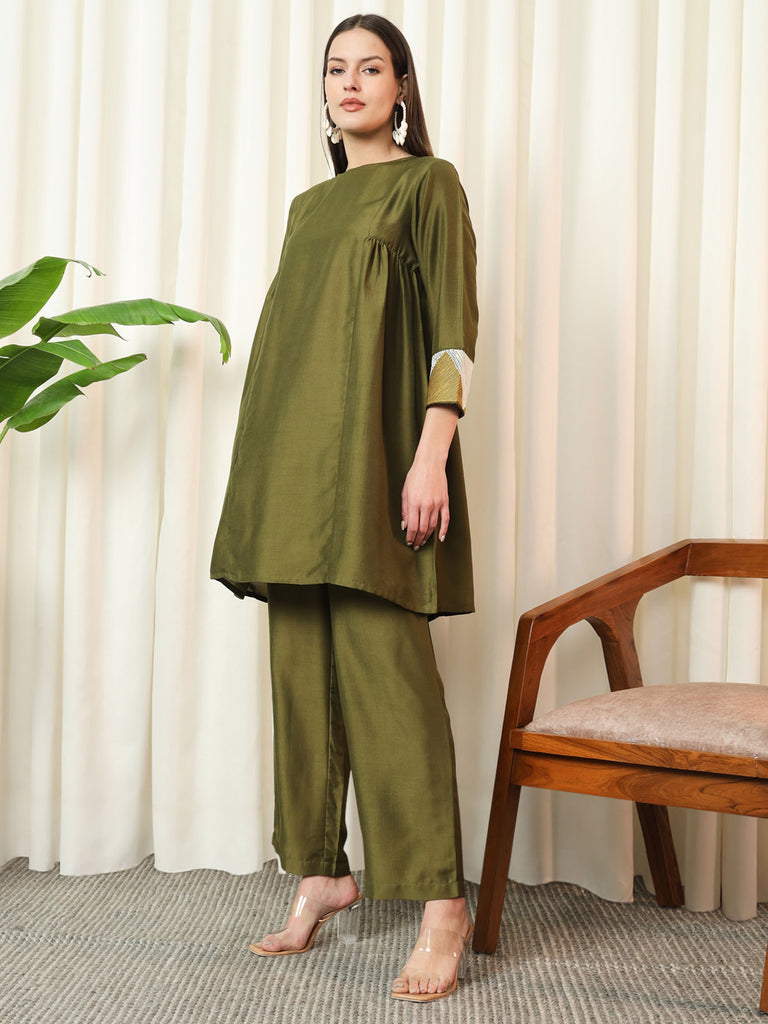 GLIMMER- OLIVE GREEN COORD SET Solid Muslin Coords stylefables   