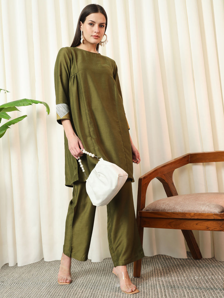 GLIMMER- OLIVE GREEN COORD SET Solid Muslin Coords stylefables   