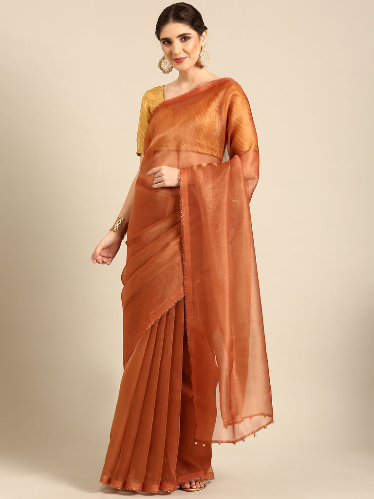 MADHURYA- RUST Tissue Zari Saree stylefables   