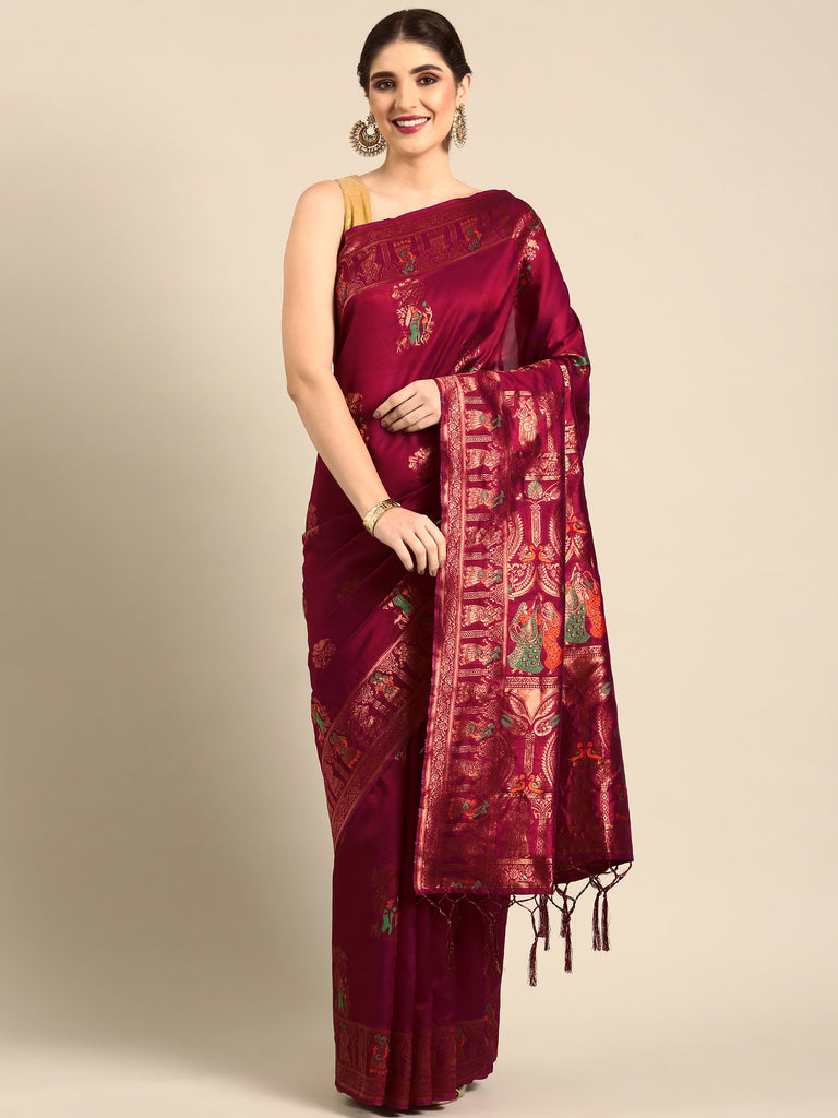 MEENAKARI: Maroon Banarasi Silk Saree Silk Saree stylefables   