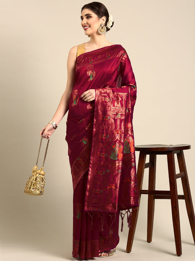 MEENAKARI: Maroon Banarasi Silk Saree Silk Saree stylefables   