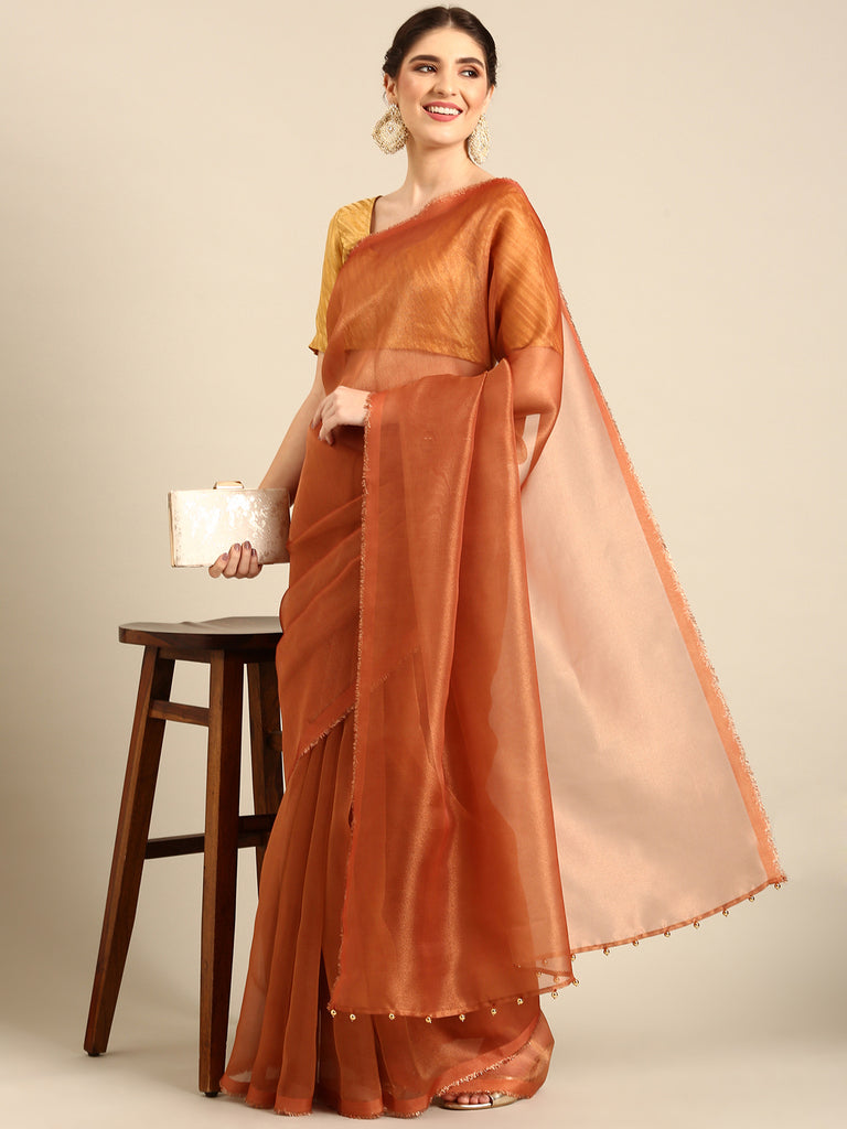 MADHURYA- RUST Tissue Zari Saree stylefables   