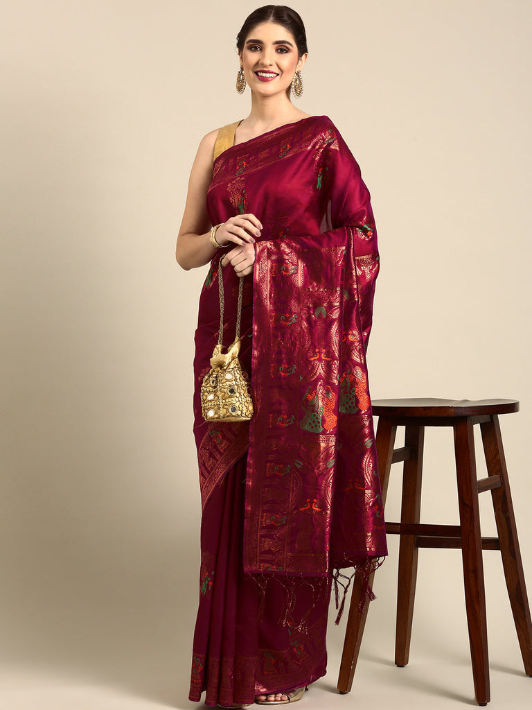 MEENAKARI: Maroon Banarasi Silk Saree Silk Saree stylefables   