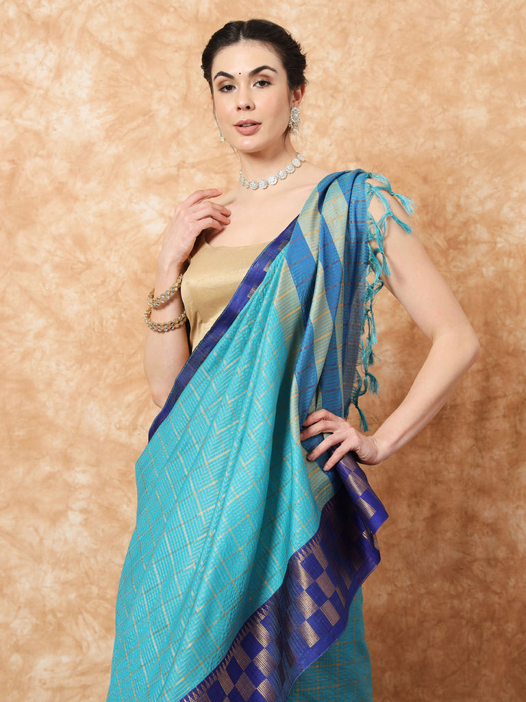 KESSA- BLUE SILK WITH ONTRAST ZARI BORDER SAREE Cotton Saree stylefables   