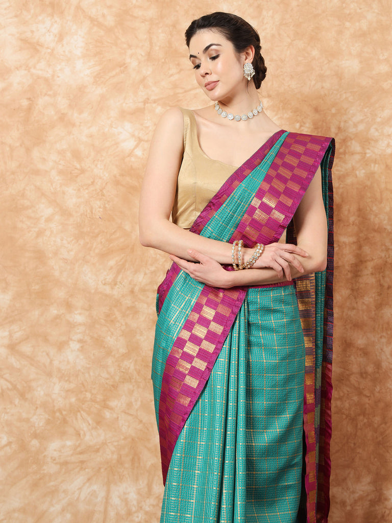 KESSA- TEAL SILK WITH CONTRAST ZARI BORDER SAREE Cotton Saree stylefables   